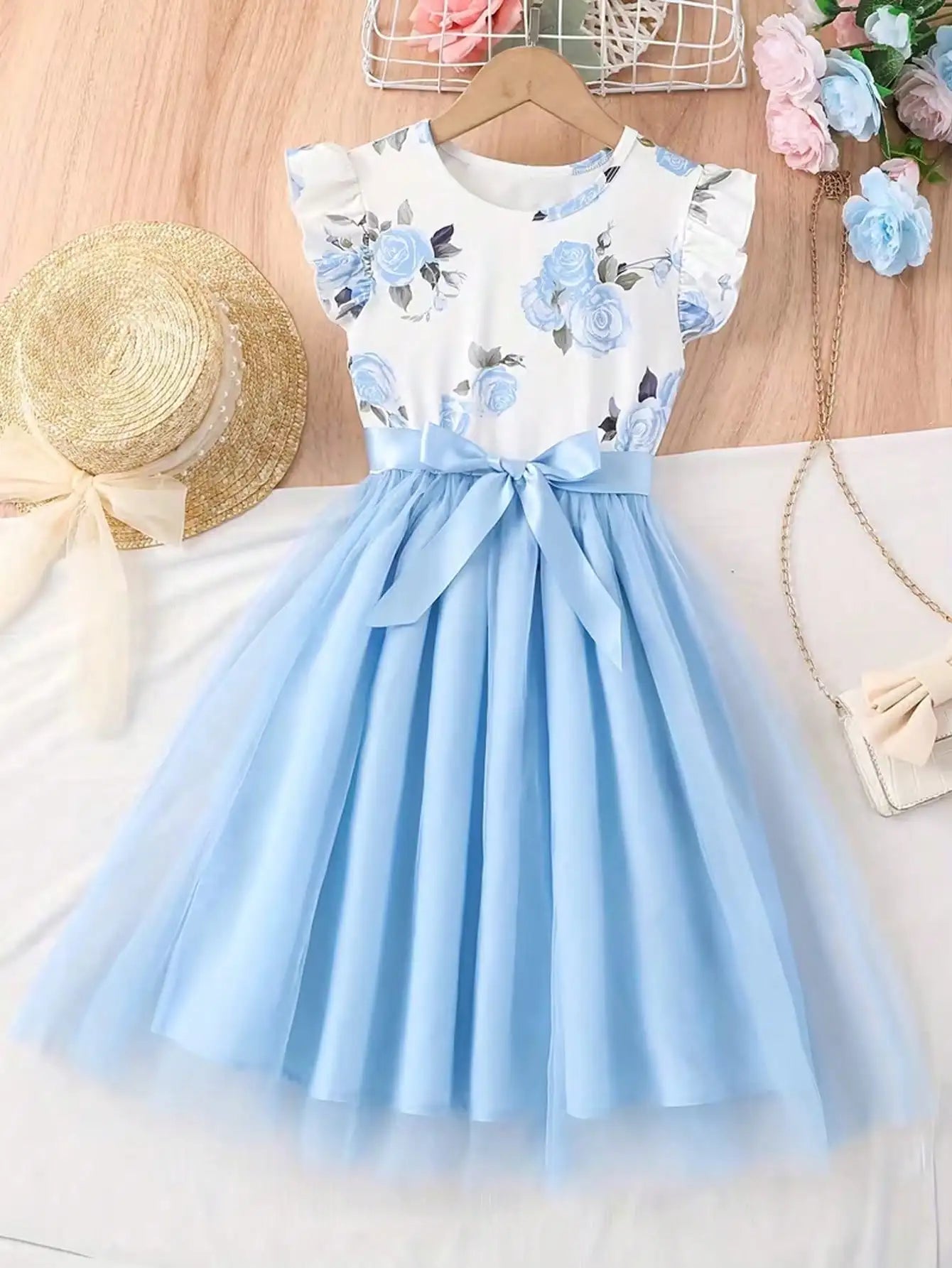 202 casual spring and autumn girls' children's clothing with small flying sleeves and floral print round neck cute fluffy dress