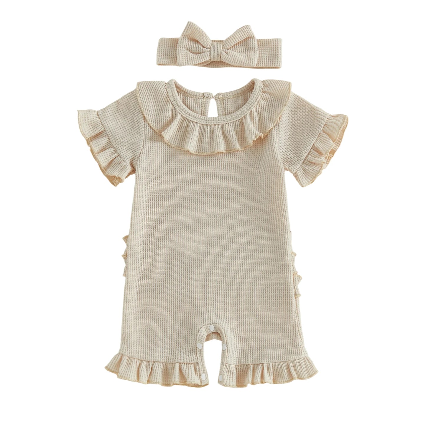 0-12months Baby Girl playsuit Summer Ruffle Short Sleeve Striped Print Romper for infant girls and Bow Headband Set